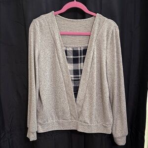 Gray Open-Front Cardigan with Plaid Detail